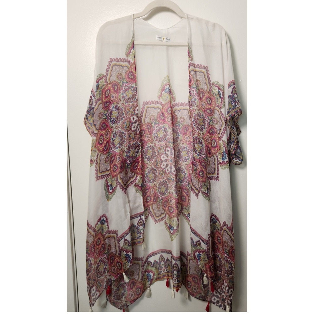 Woven Heart Women OS Kimono Cover Up Shawl Medallion Tassels Sheer White Paisley